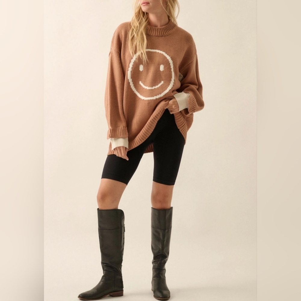 #6284 🩷 🛑M Chic Trendy Smiley Face Contrast Oversize Sweater - Picture 11 of 13